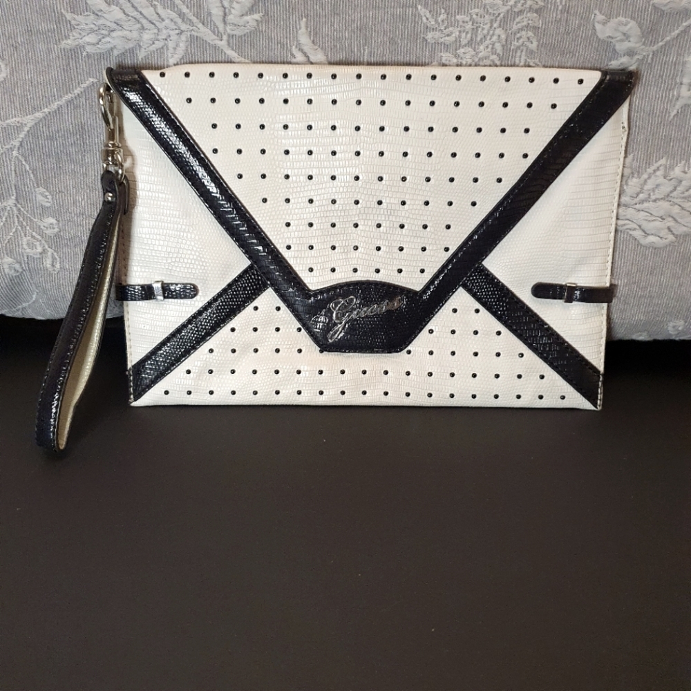 Guess White and Black Envelope Clutch Wristlet Bag